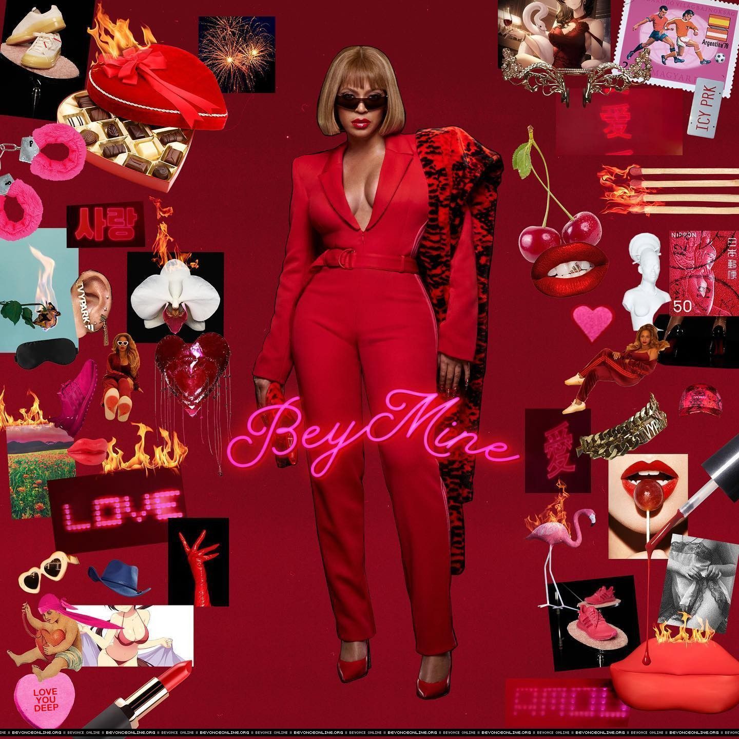 Beyoncé in a red suit with images of her surrounding her. - Beyonce