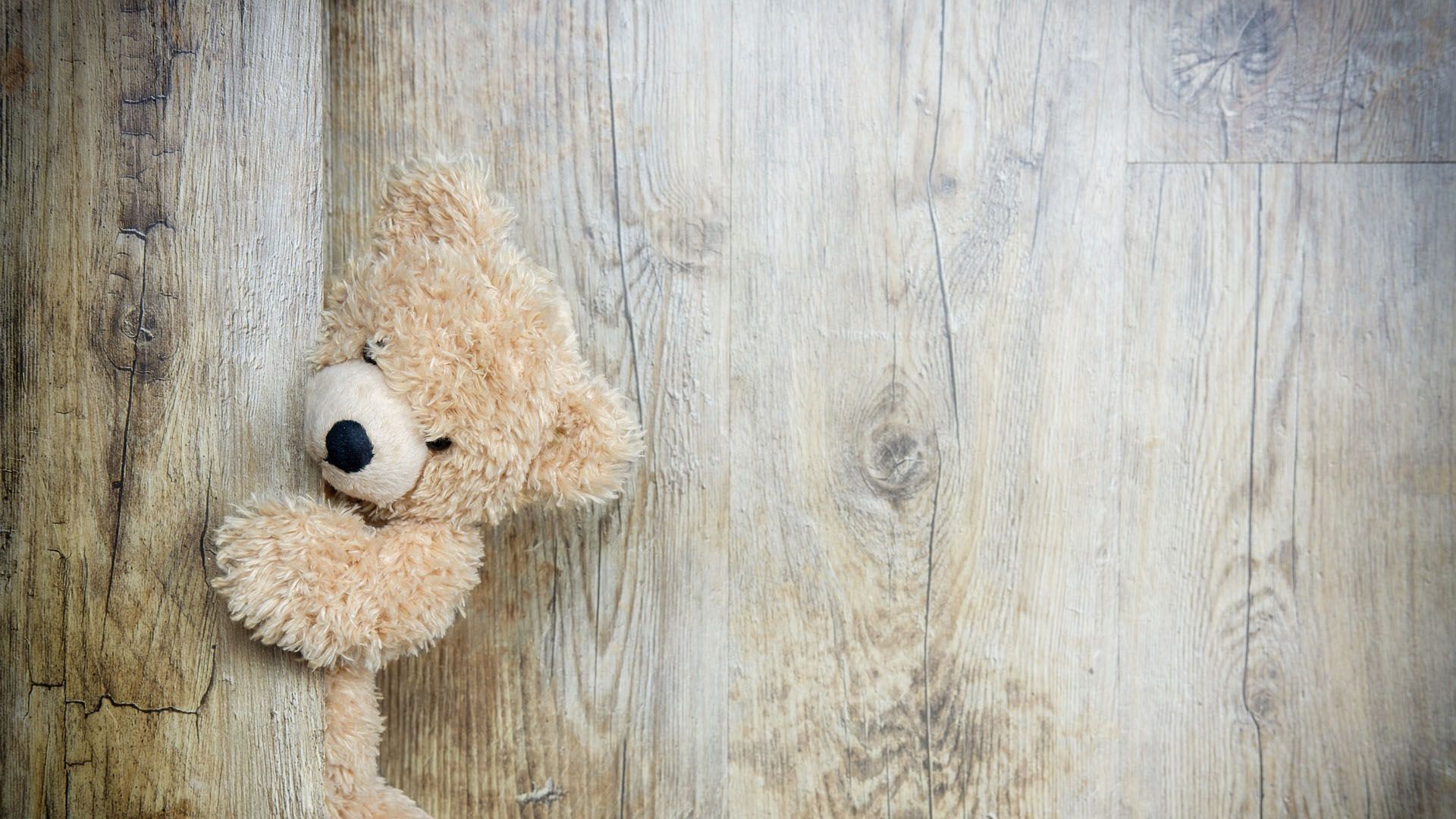 A teddy bear with a sad look on its face, sitting against a wooden wall. - Teddy bear