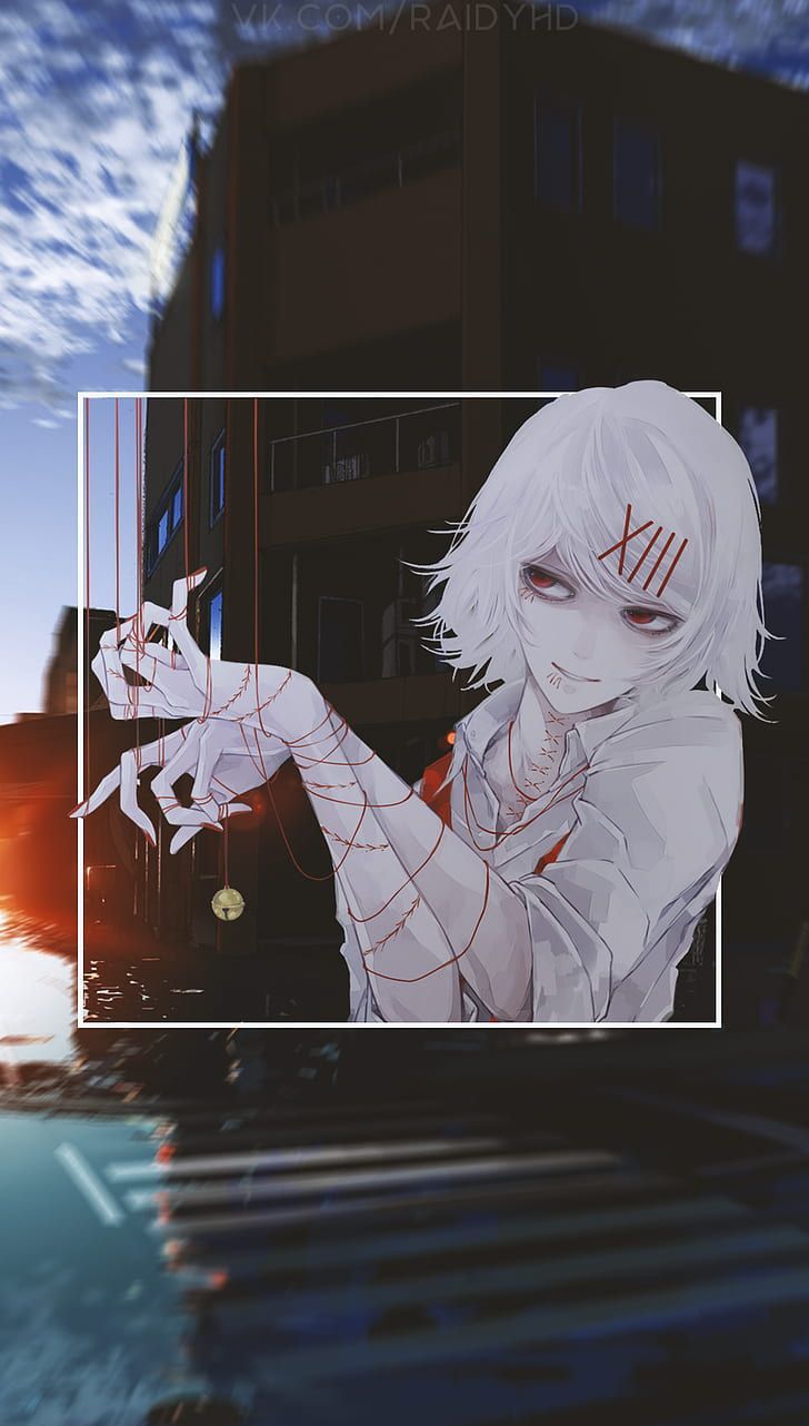 Anime boy with white hair and red blood marks on his face - Tokyo Ghoul