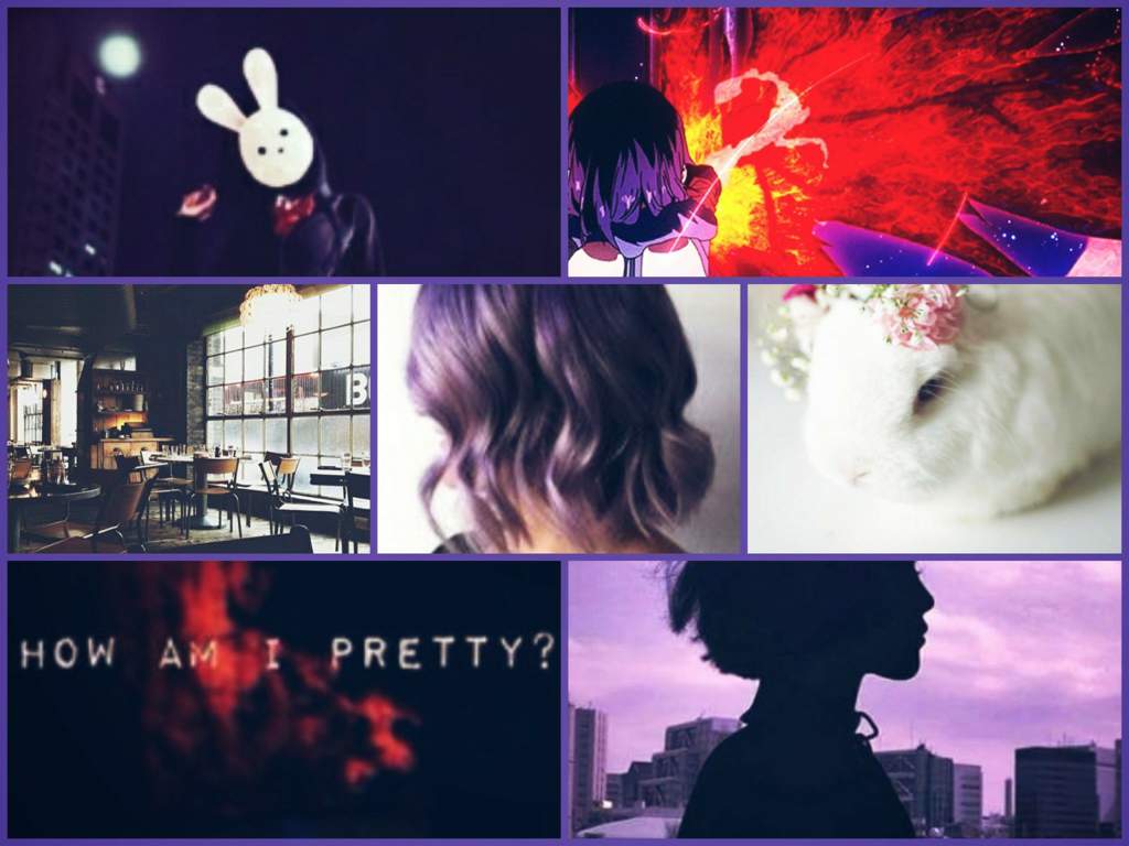 Images of a girl with purple hair, a girl in a red dress, a girl with a flower in her hair, a girl with a rabbit headband, a girl looking at a city, and a girl with the words 