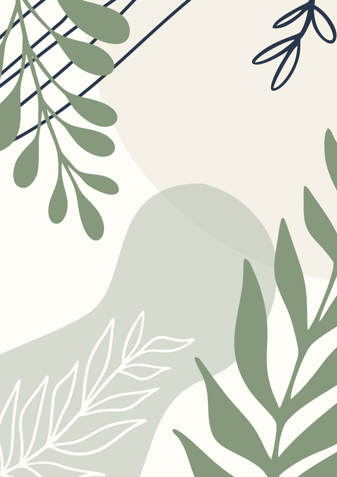 A graphic with abstract shapes and green leaves - Pastel minimalist
