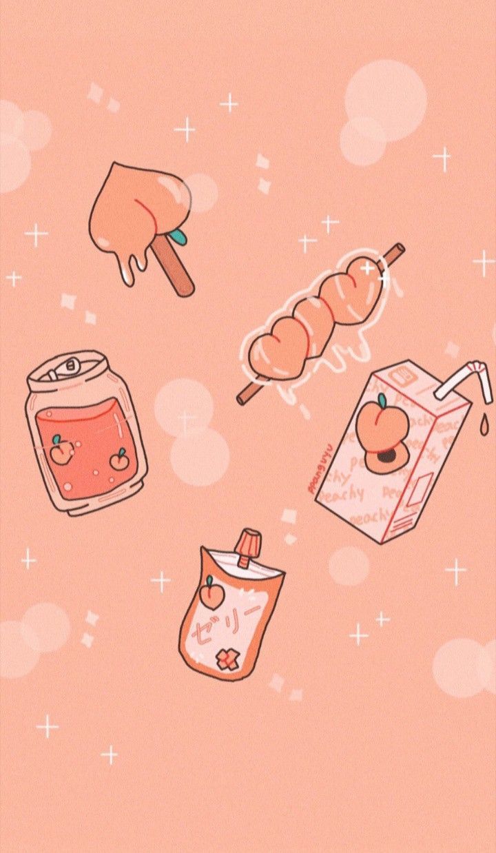 A close up of some food items on pink background - Kawaii, peach