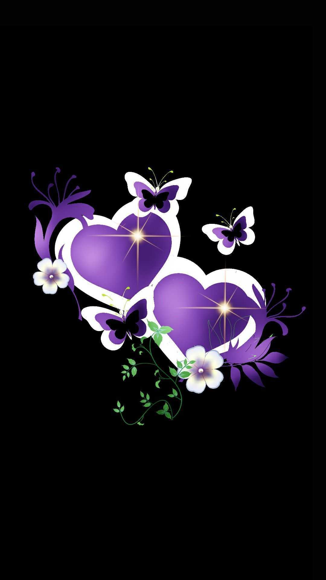 IPhone wallpaper purple hearts with butterflies and flowers on a black background - Heart, cute purple, black heart