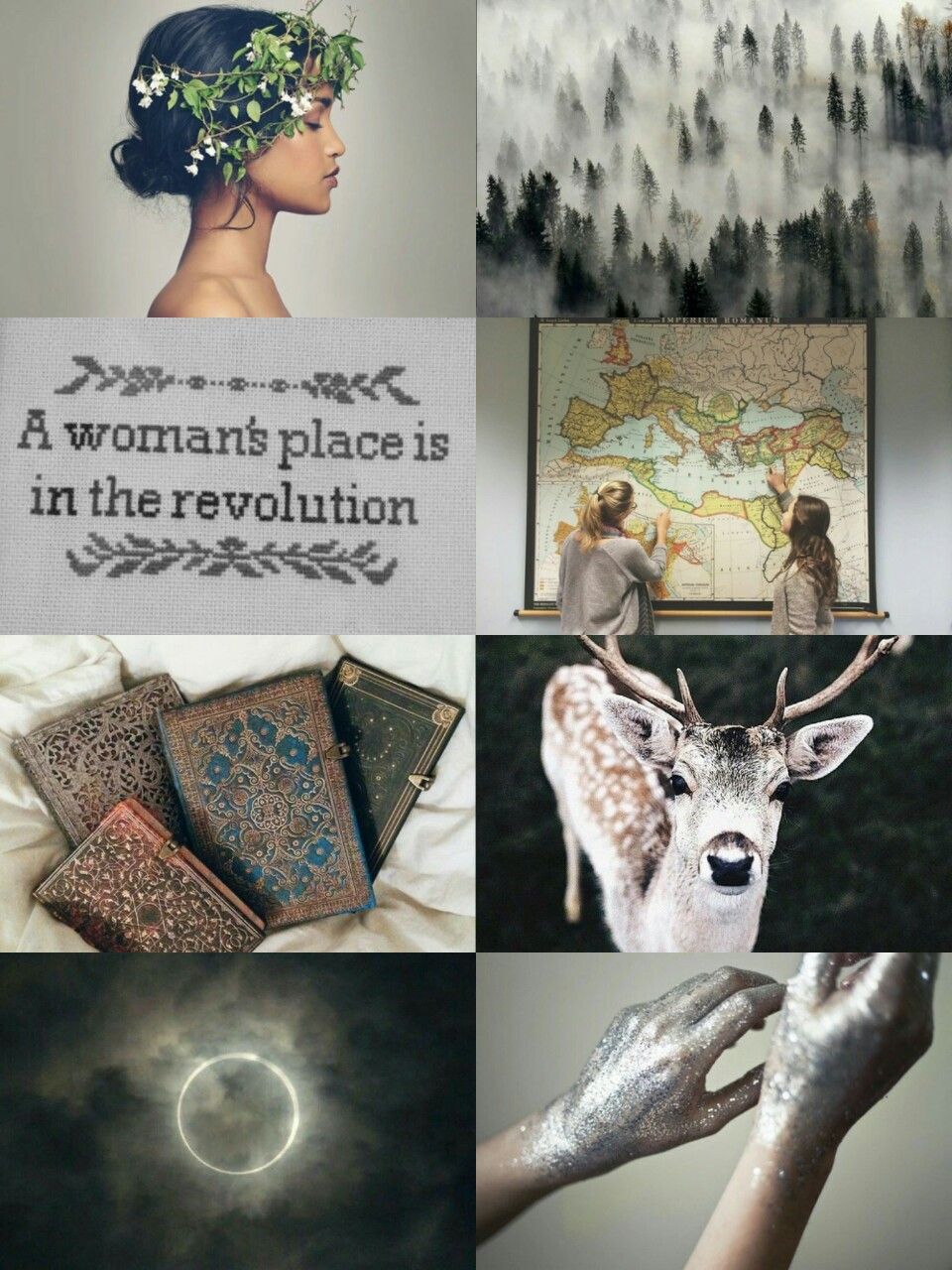 A collage of images including a deer, a woman's place in the revolution, and a forest. - Artemis