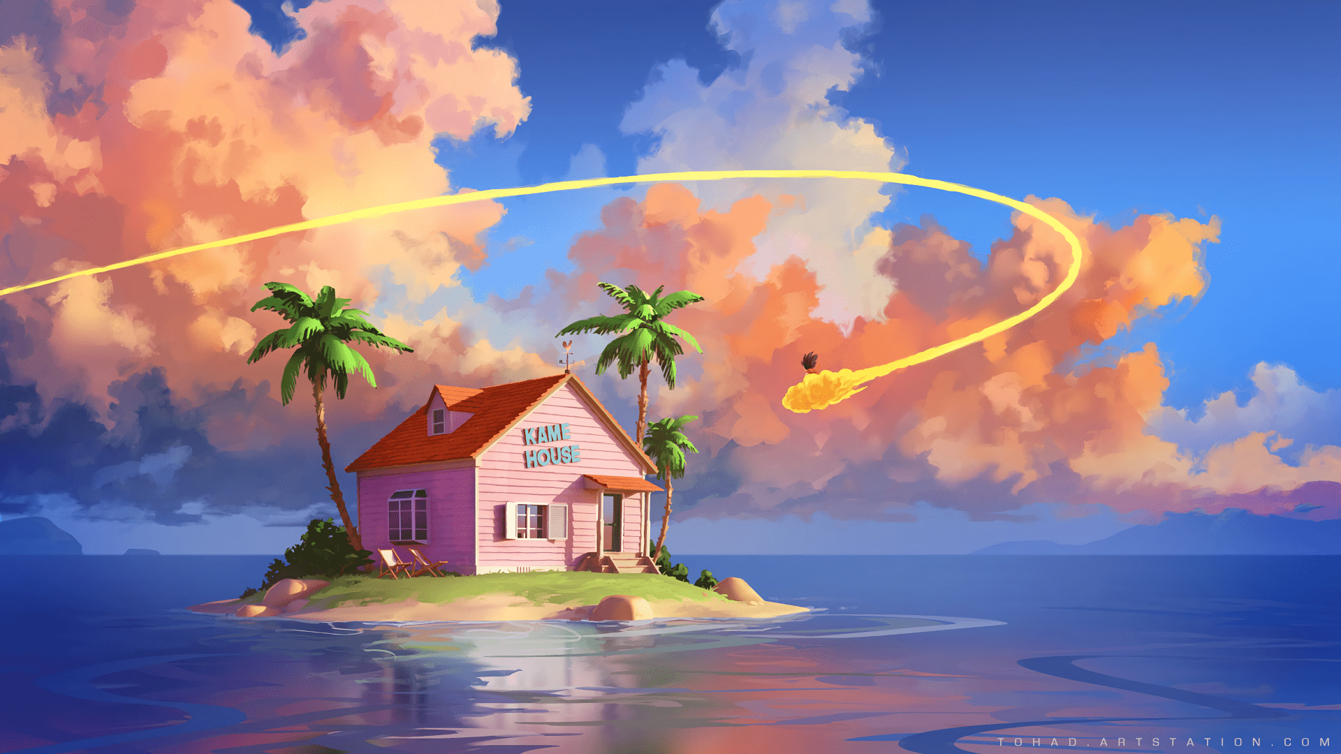 A pink house on a tropical island, with a shooting star and a flying Nimbus in the sky. - Dragon Ball, Goku