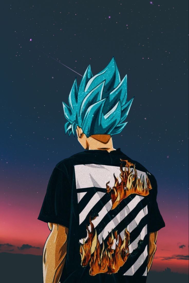 Off the wall of fire, a blue haired boy with flames on his back - Dragon Ball