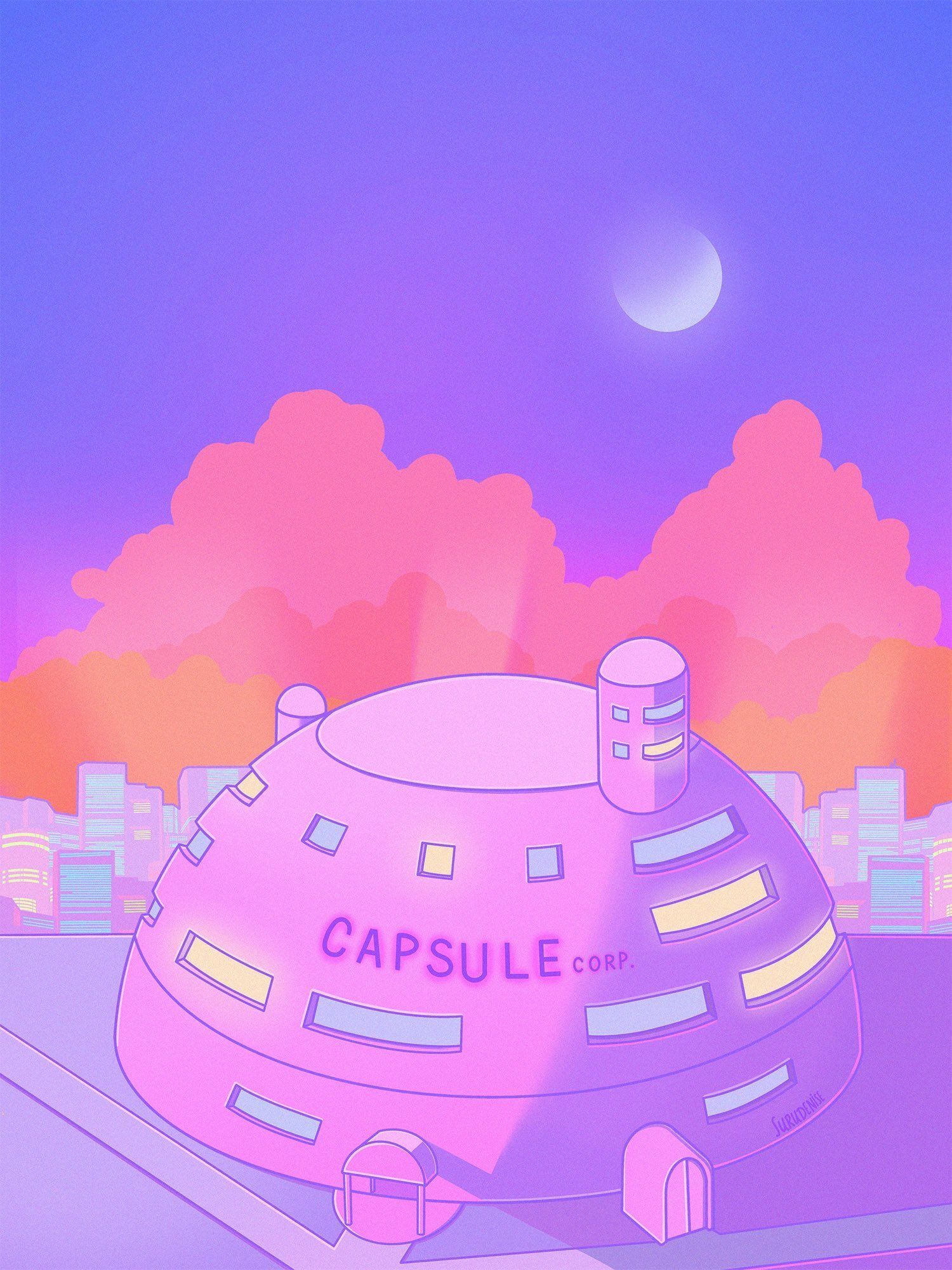 A purple building with the word capsule on it - Dragon Ball