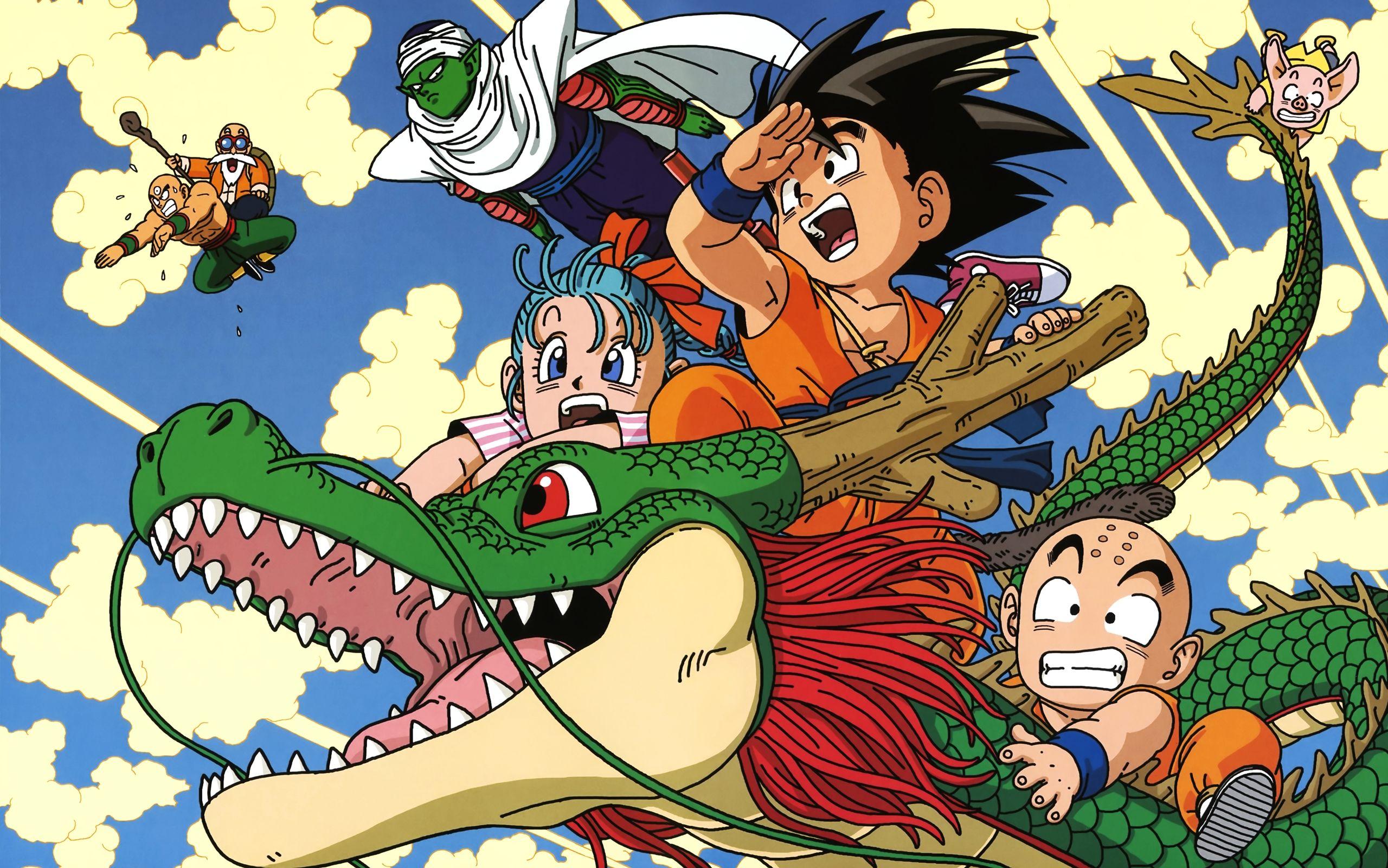 A group of people riding on the back of a dragon - Dragon Ball