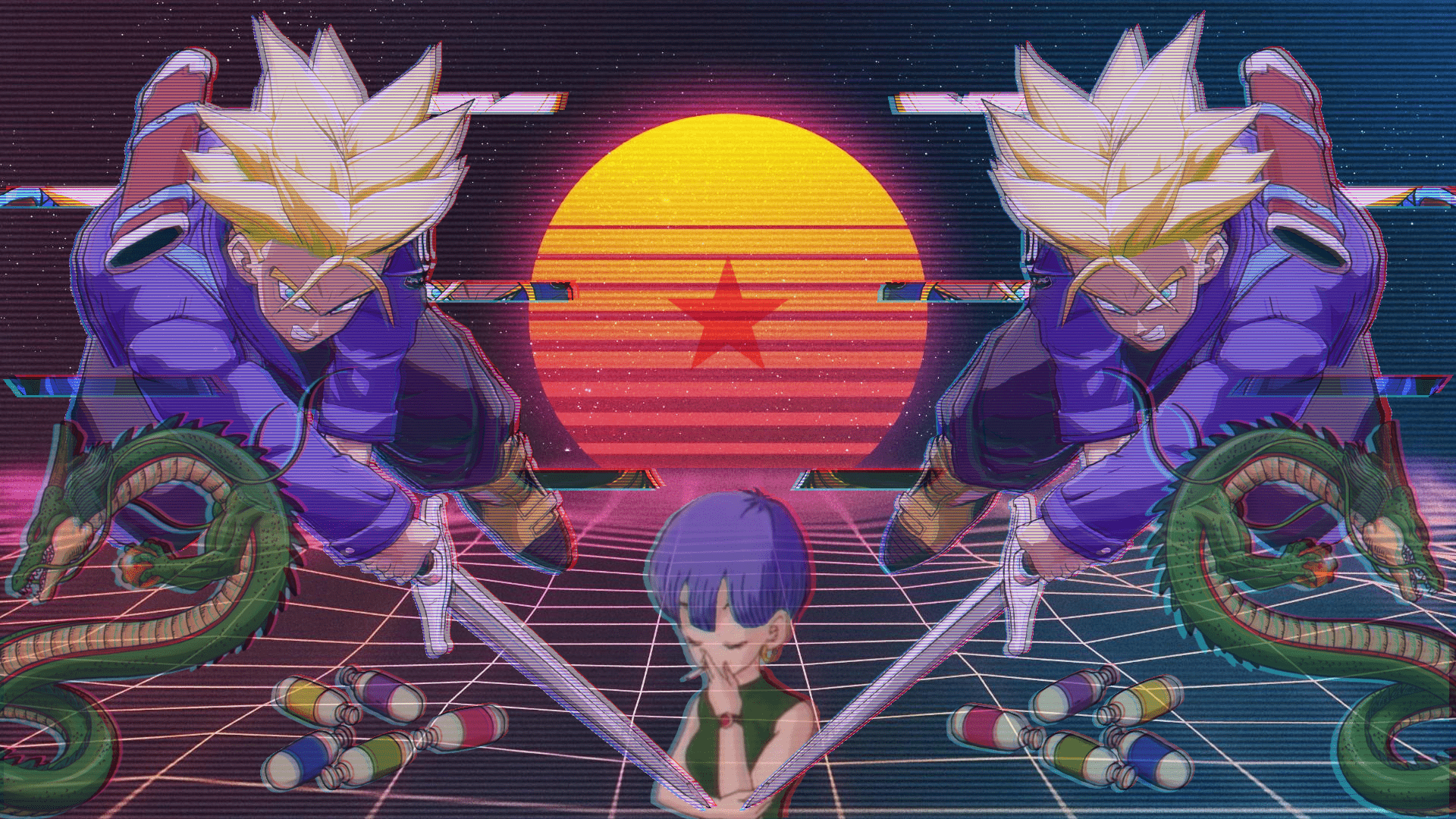 A digital art piece that combines elements of Dragon Ball Z and retrowave/synthwave aesthetics. The image features a purple-haired character kneeling on the ground, looking up at two versions of herself standing on either side of her. The image is stylized with a vibrant, colorful design and a 1980s vaporwave aesthetic. - Dragon Ball