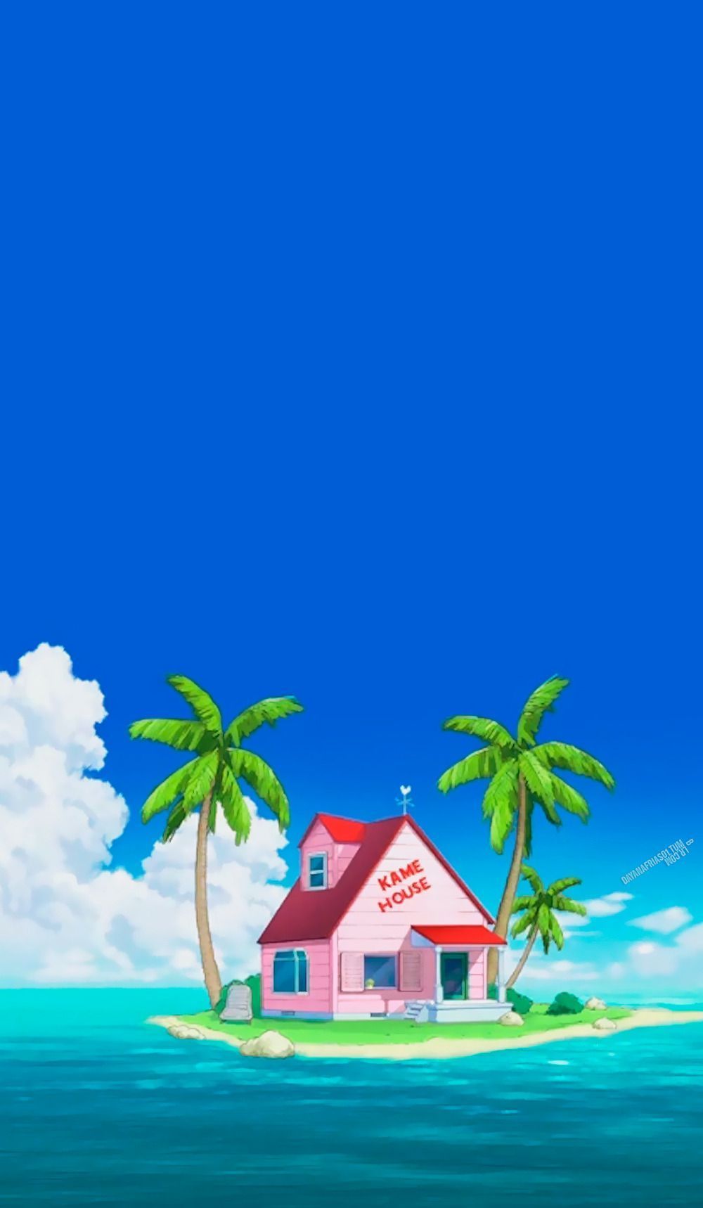 A cartoon house on an island with palm trees - Dragon Ball