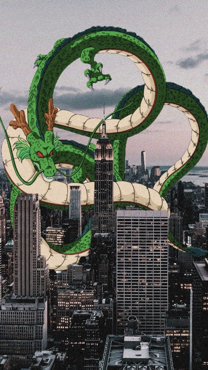 A green dragon is flying over the city - Dragon Ball