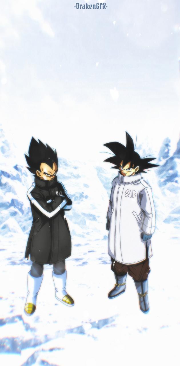 Two anime characters stand in the snow, one with black hair and a black jacket and the other with black hair and a white jacket. - Dragon Ball