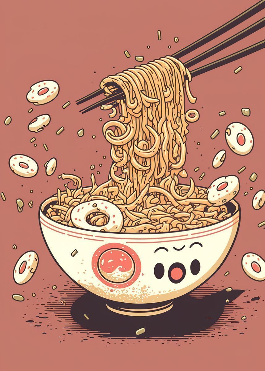 Illustration of a bowl of noodles with a face on it - Ramen, foodie