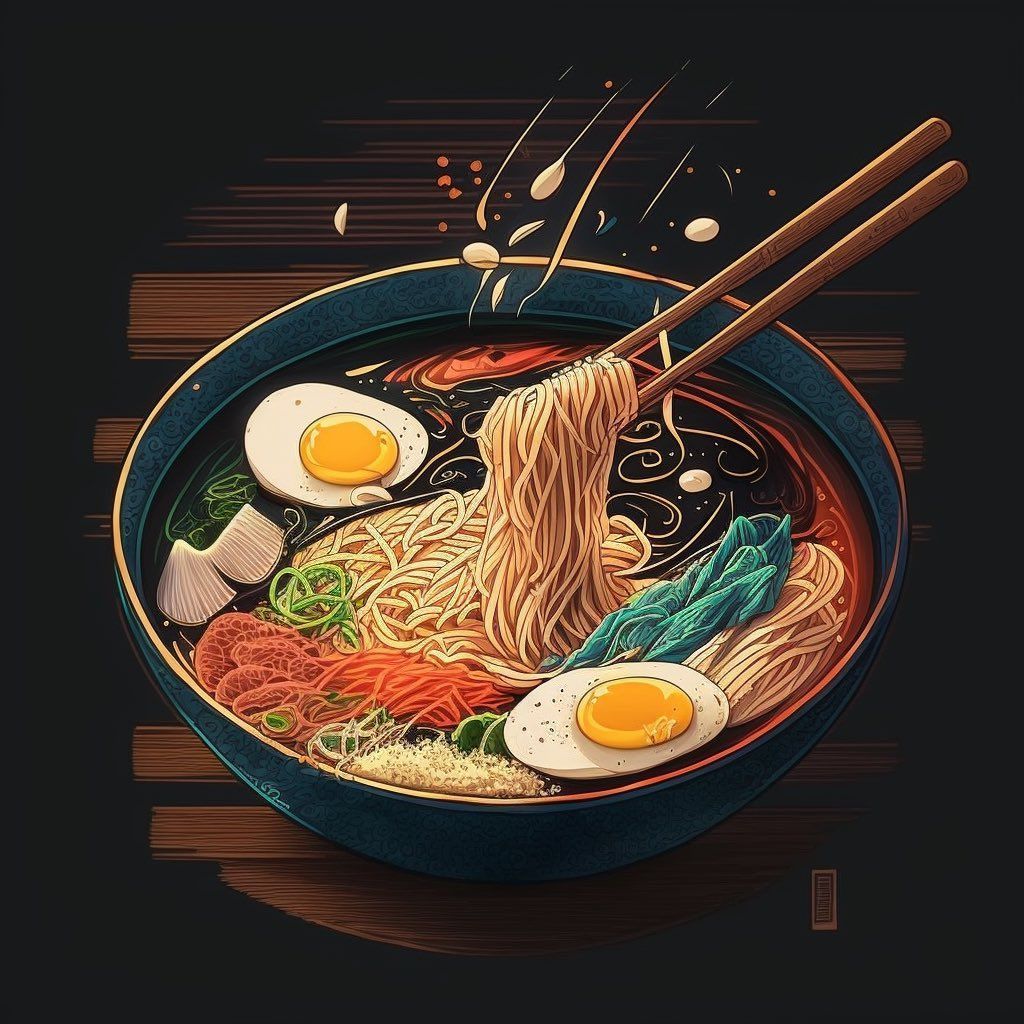 An illustration of a bowl of ramen with chopsticks on a black background - Ramen