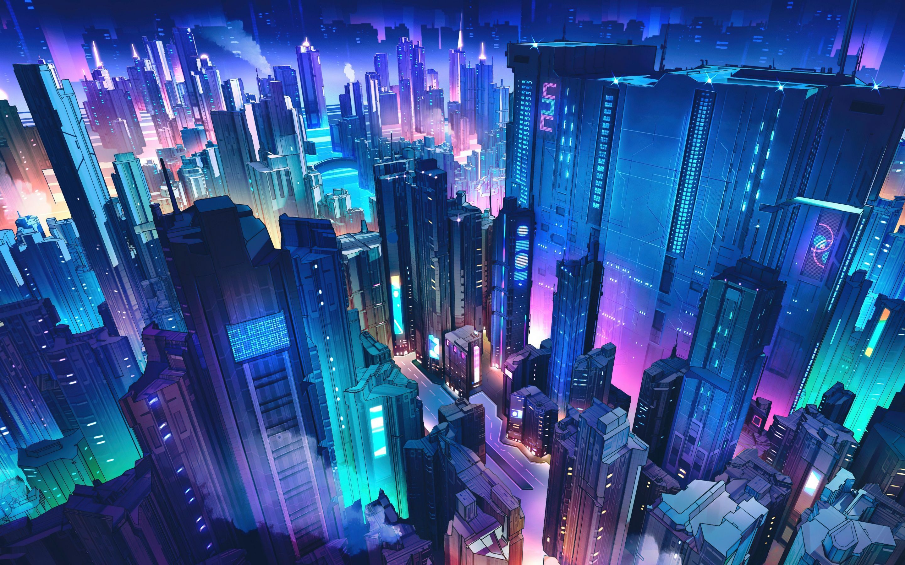 A cyberpunk city at night, with skyscrapers lit up in blue and purple. - Cyberpunk