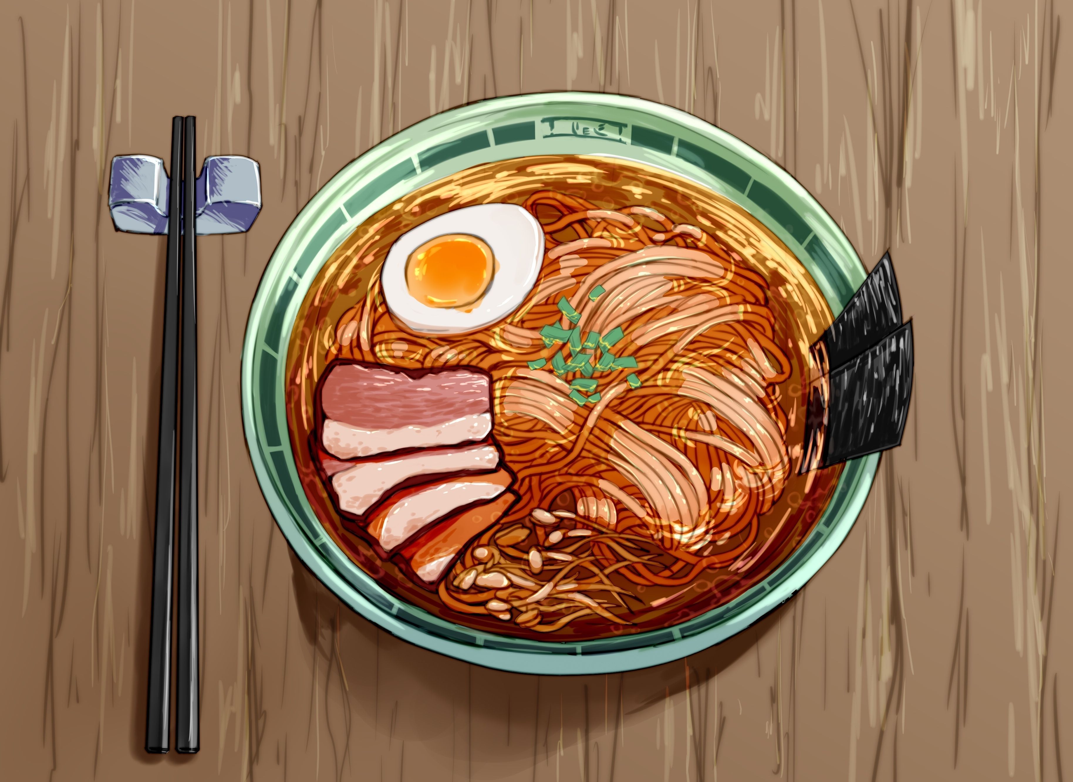 A bowl of noodles with meat, egg, and chopsticks on the side. - Ramen