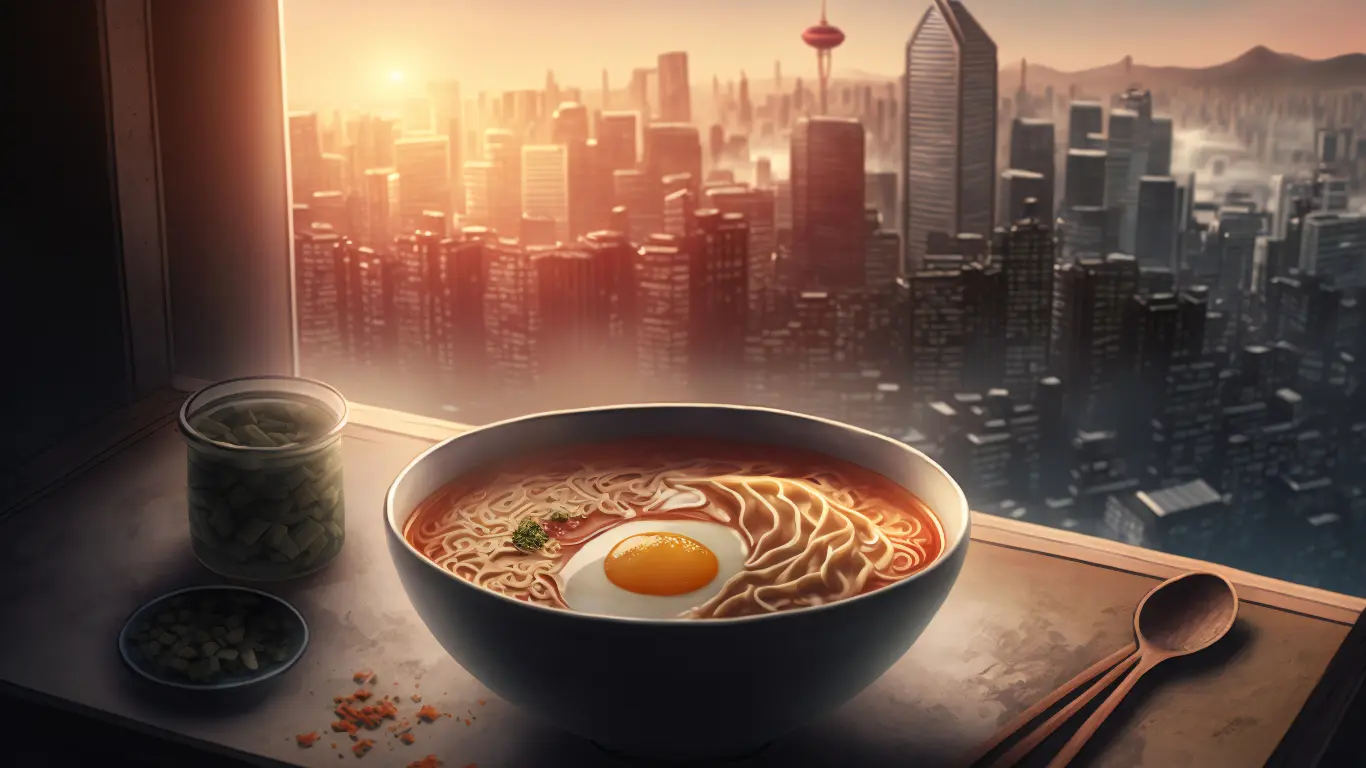 A bowl of noodles with an egg on top, with a cityscape in the background. - Ramen
