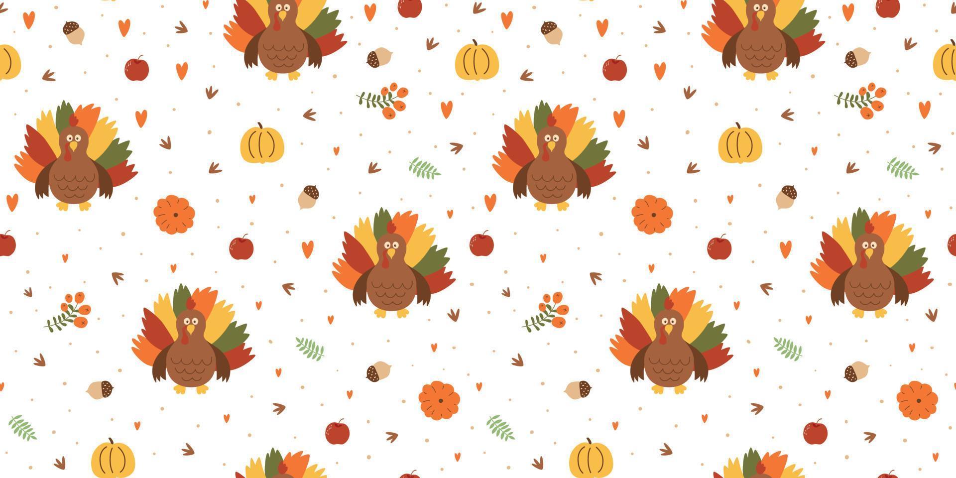 Thanksgiving day vector pattern with turkey, pumpkins illustration, fall leaves hand drawn in cute cartoon style. Autumn Thanksgiving seamless pattern, repeating background for dinner party