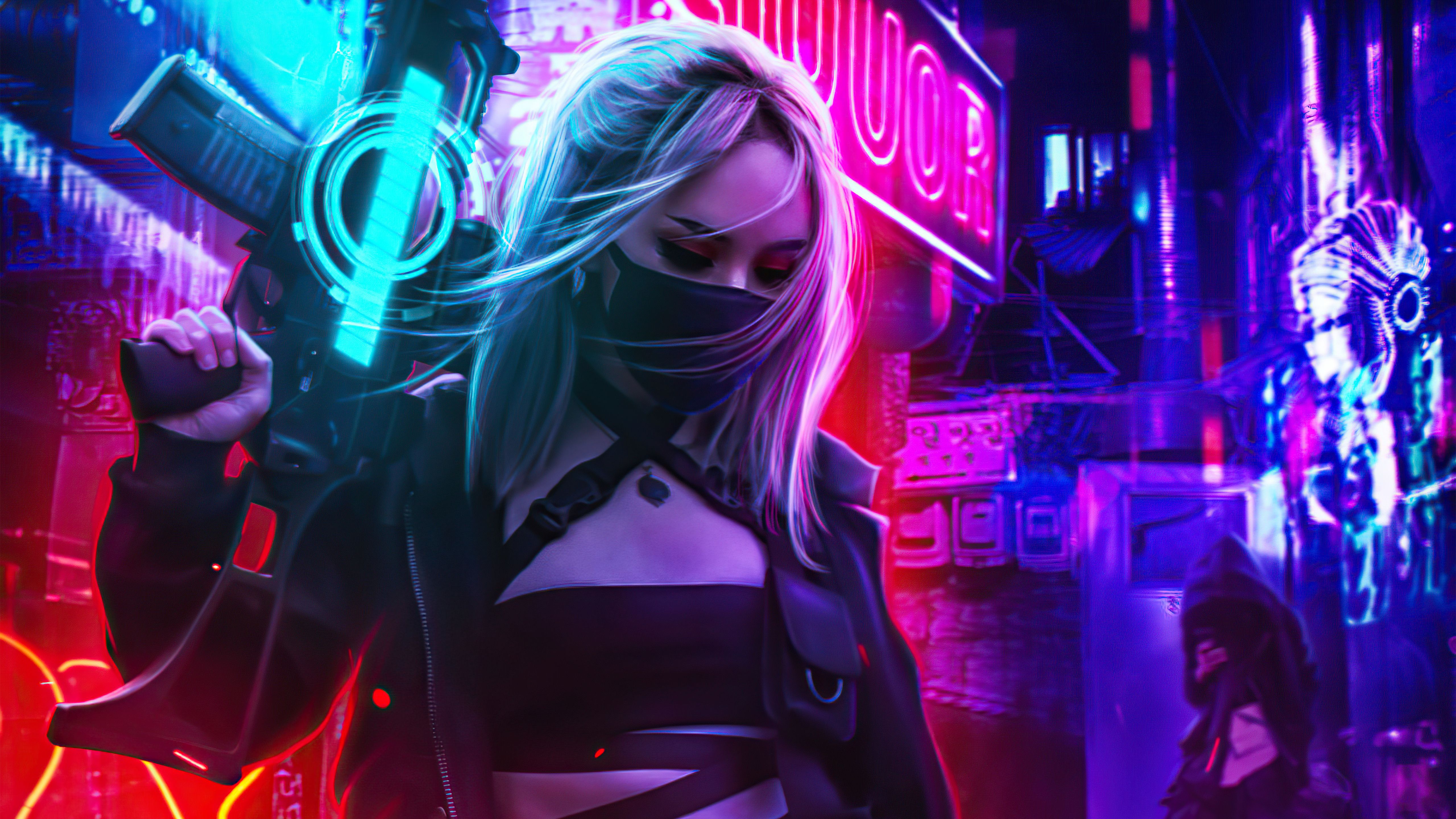 Cyberpunk girl with a gun in the neon city - Cyberpunk