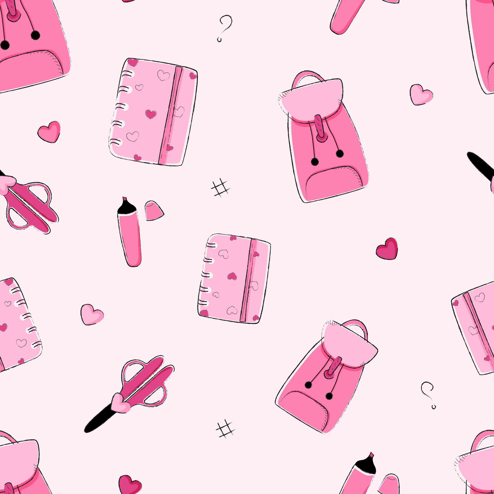 A pattern of pink school bags, notebooks, and pencils on a pink background - Barbie, school