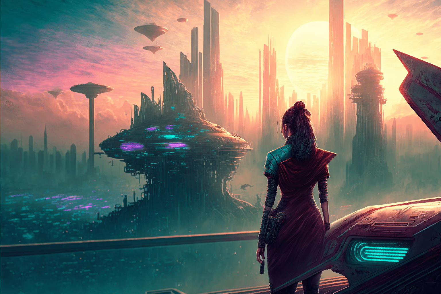 A woman in futuristic clothing looks out over a cityscape of tall buildings and flying spaceships. - Cyberpunk
