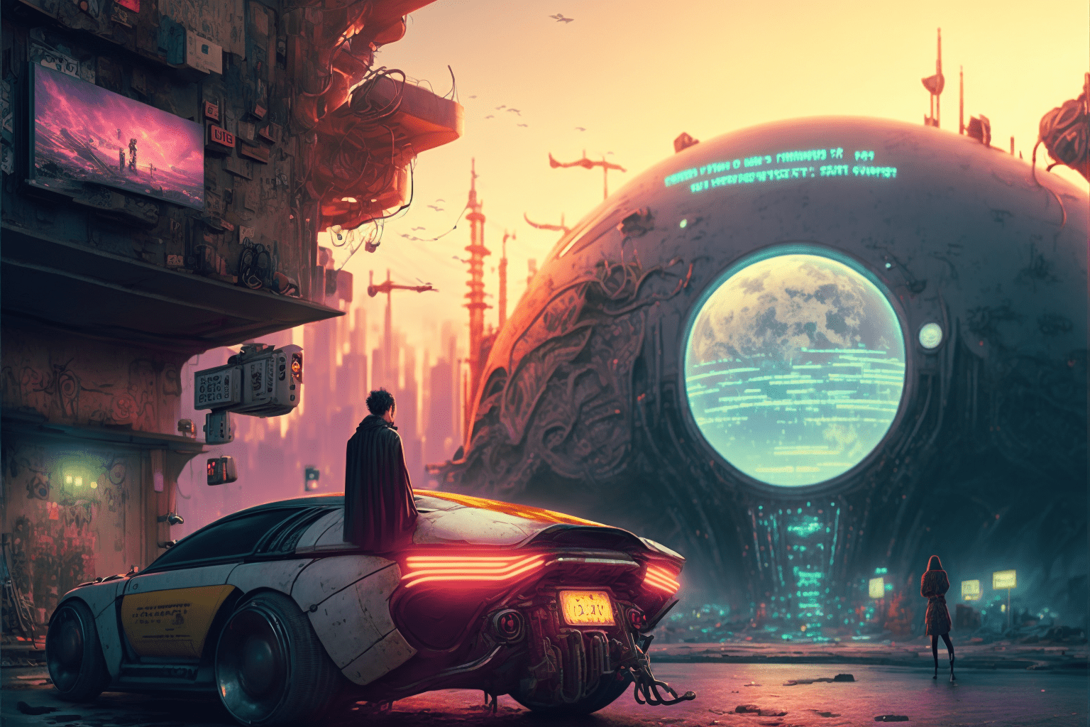 A man in a red cloak stands on the back of a futuristic car - Cyberpunk
