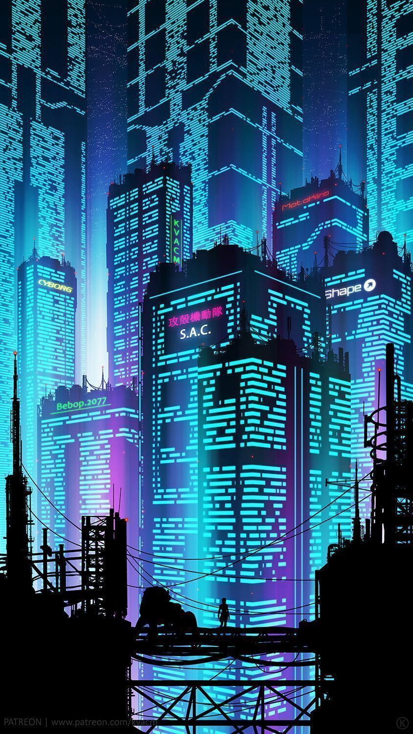 A cyberpunk city at night with skyscrapers lit up by blue and purple lights - Cyberpunk 2077