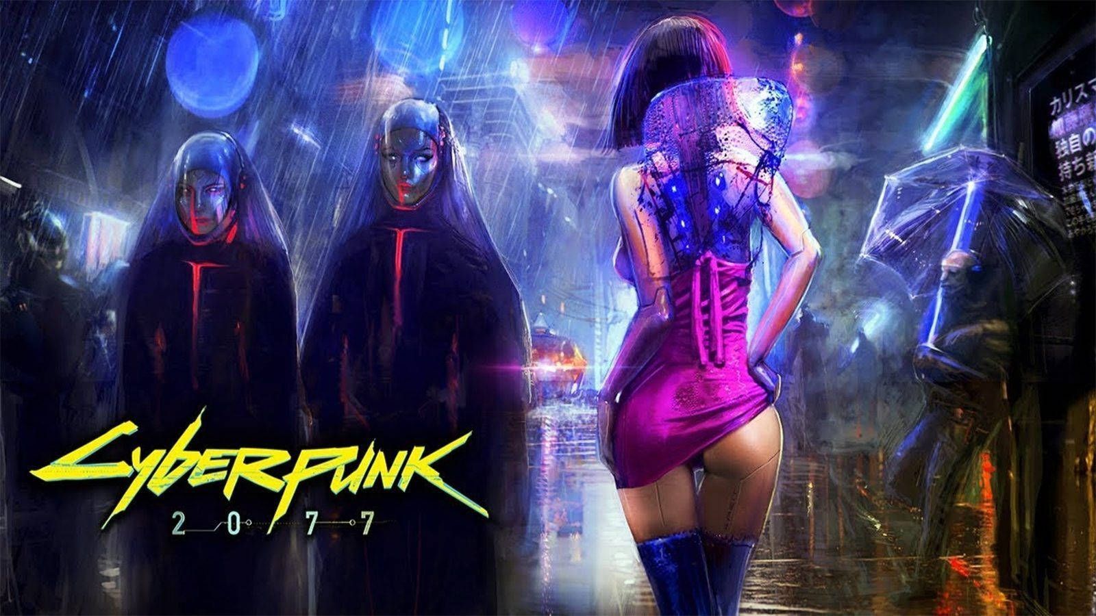 A woman in a short skirt and thigh high boots stands in front of three people in full Cyberpunk 2077 gear. - Cyberpunk 2077