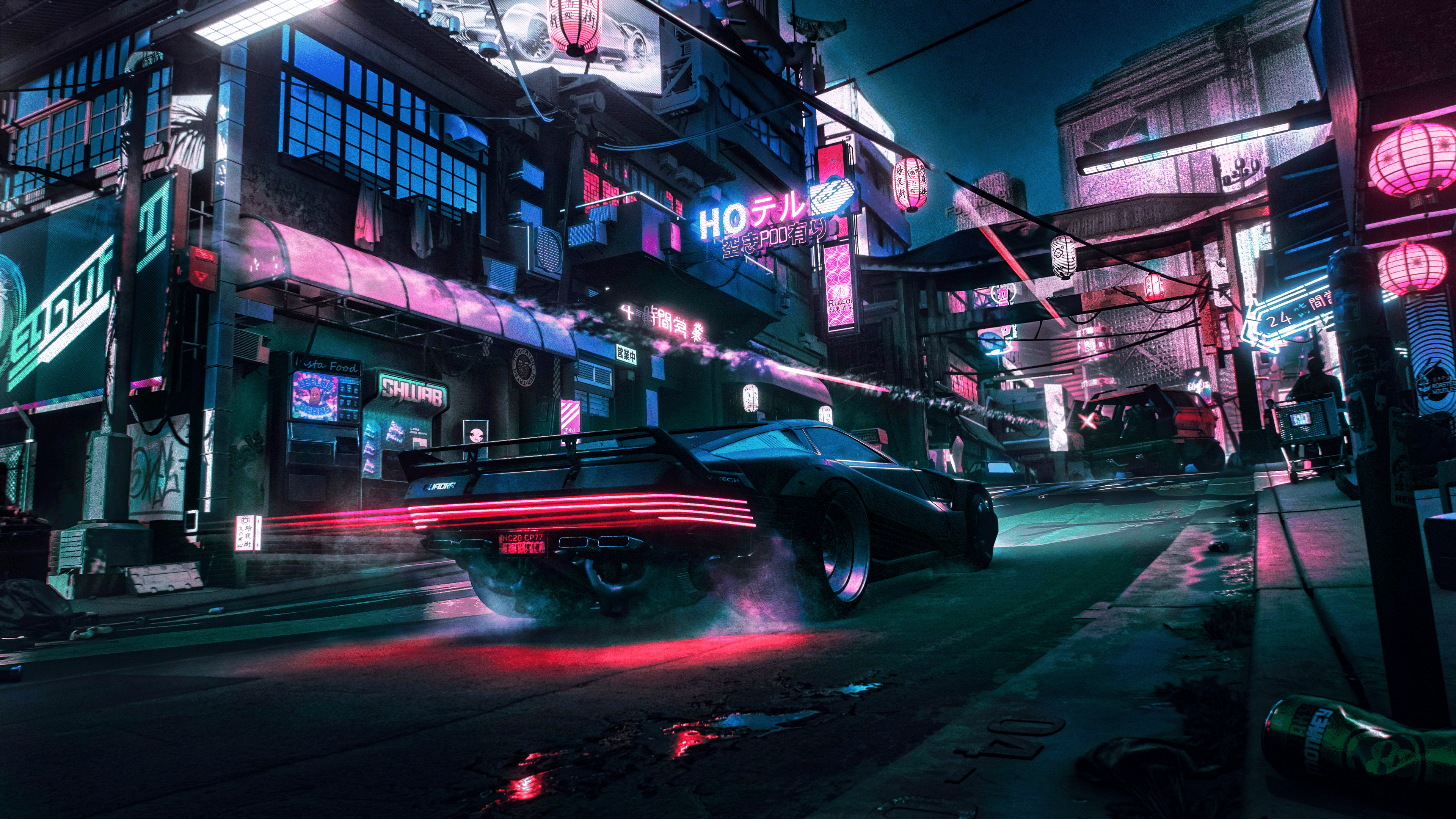 A car with neon lights on a street at night - Cyberpunk 2077