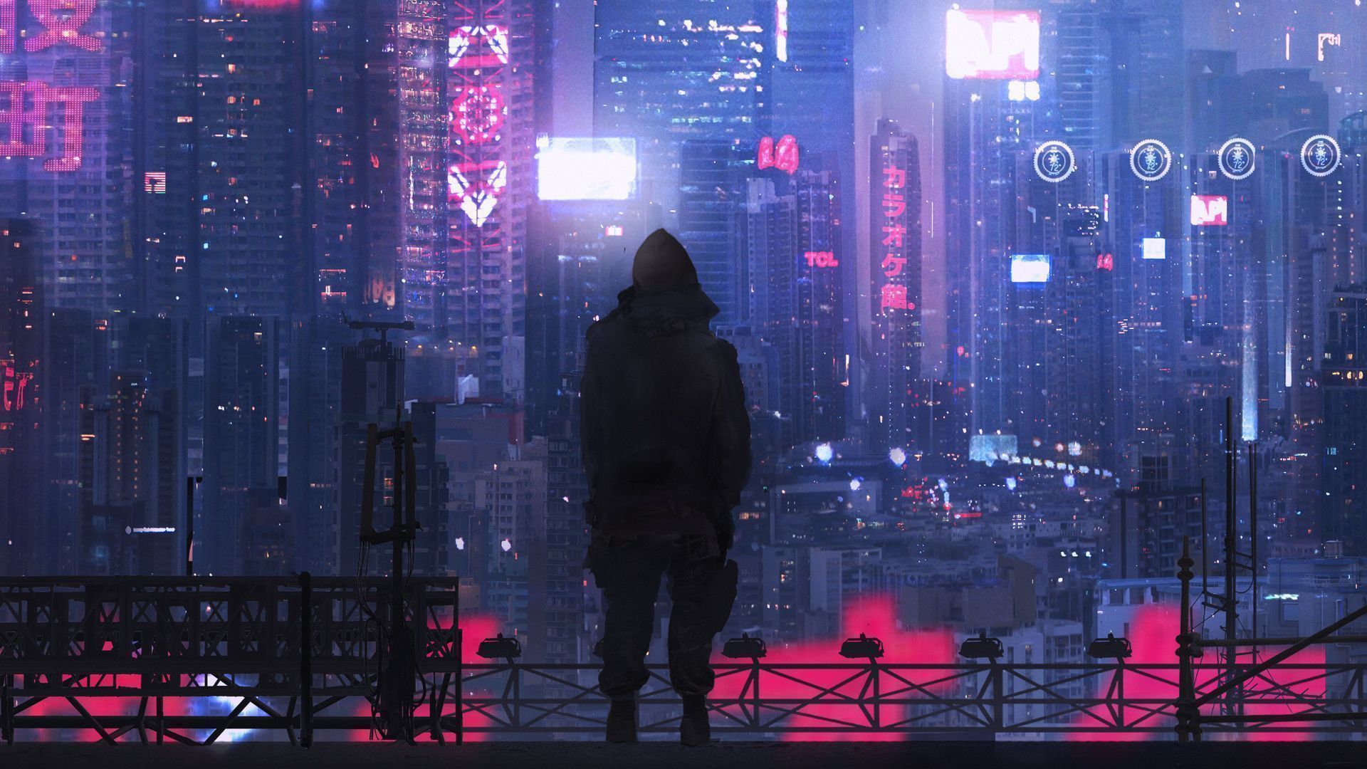 A man in a black hoodie standing on a rooftop looking at a cyberpunk city at night - Cyberpunk 2077
