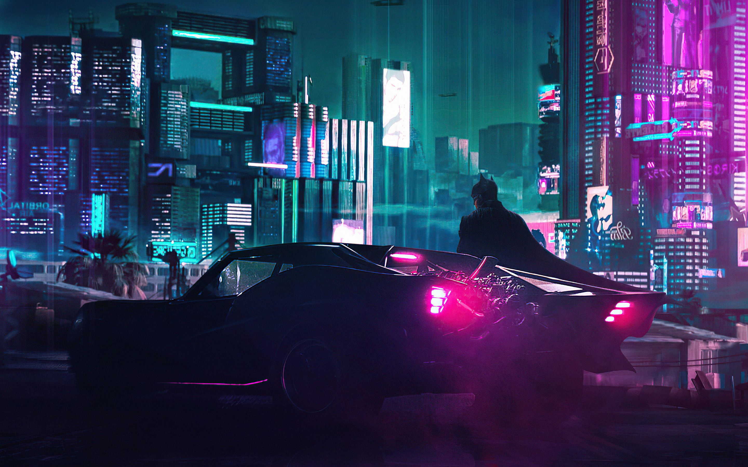 A cyberpunk artwork of a man standing next to a car in a neon lit city - Cyberpunk 2077