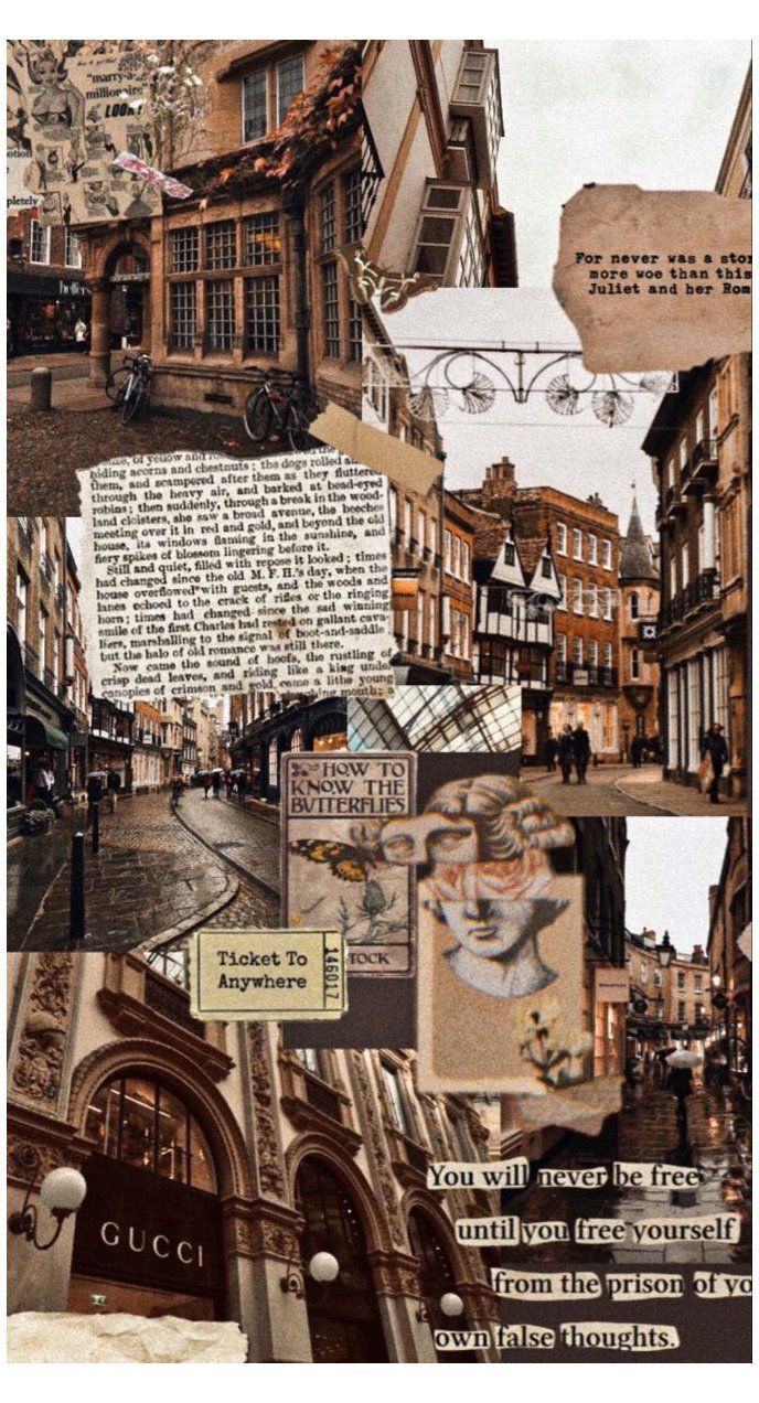A collage of a street, a Gucci sign, and a quote. - Vintage