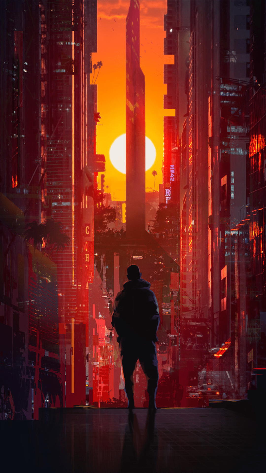A man standing in a cyberpunk city at sunset - Cyberpunk 2077