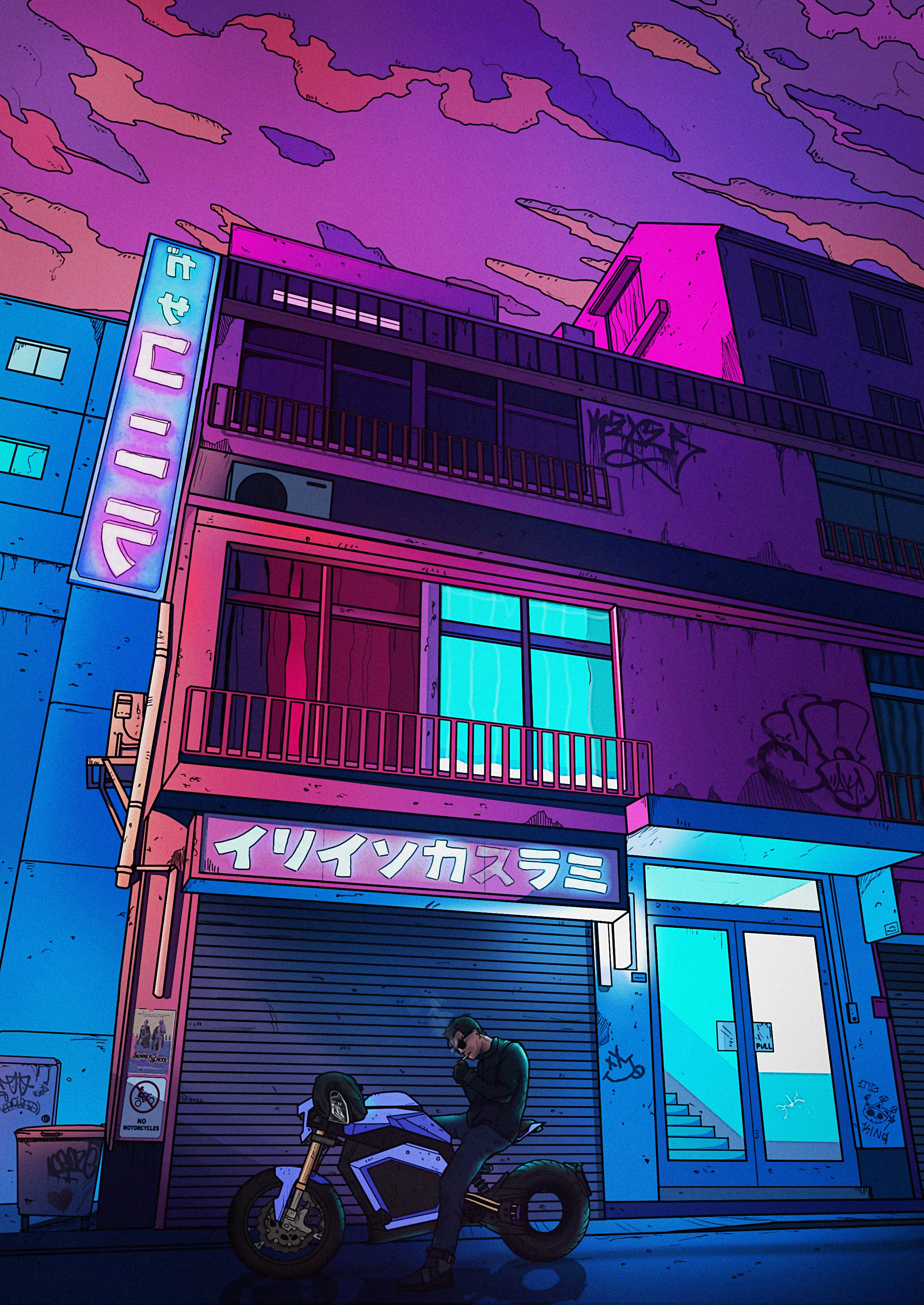 A cyberpunk inspired illustration of a man on a motorcycle in front of a neon lit building. - Cyberpunk 2077