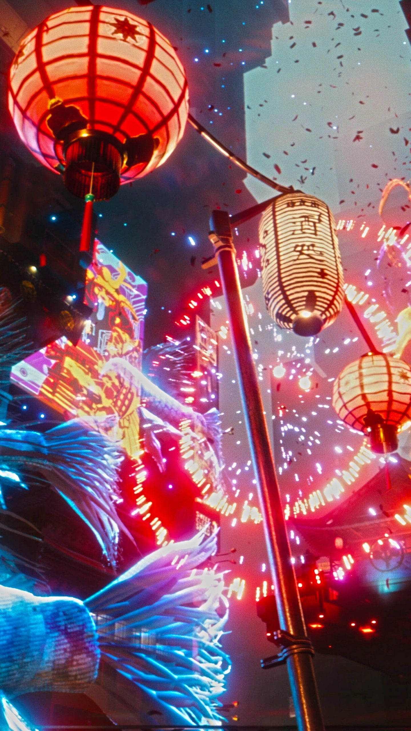 A street lamp with red lanterns hanging from it. - Cyberpunk 2077