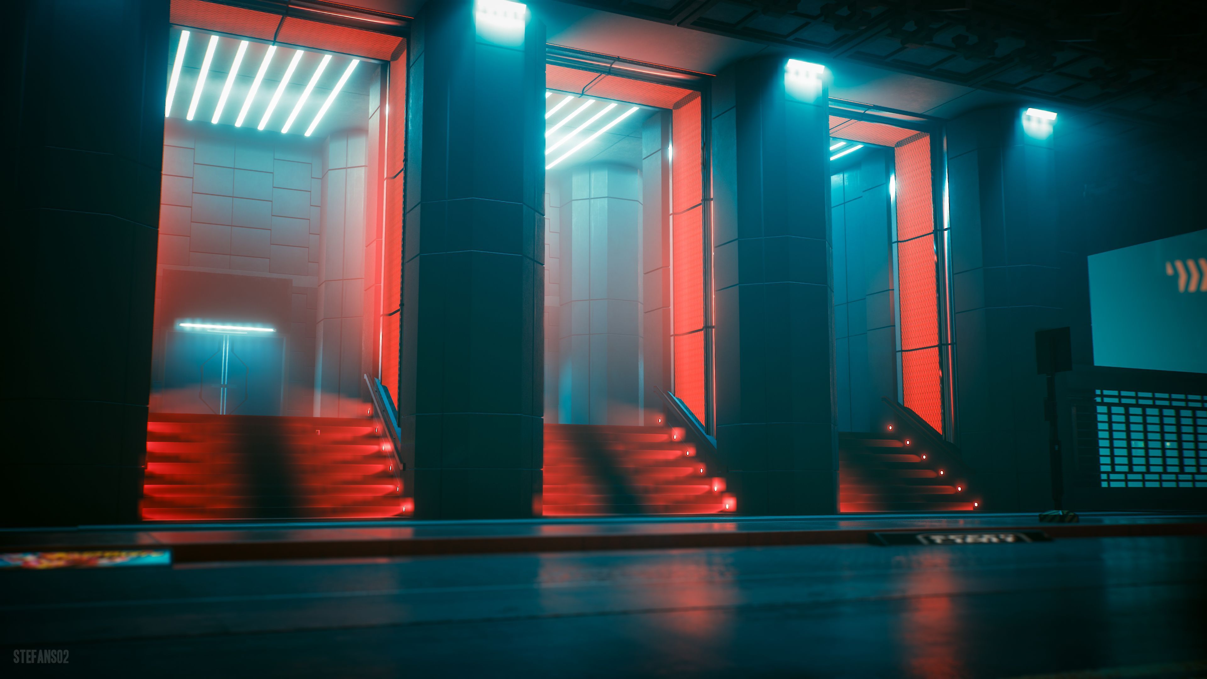 A long corridor with three red lit doors - Cyberpunk 2077