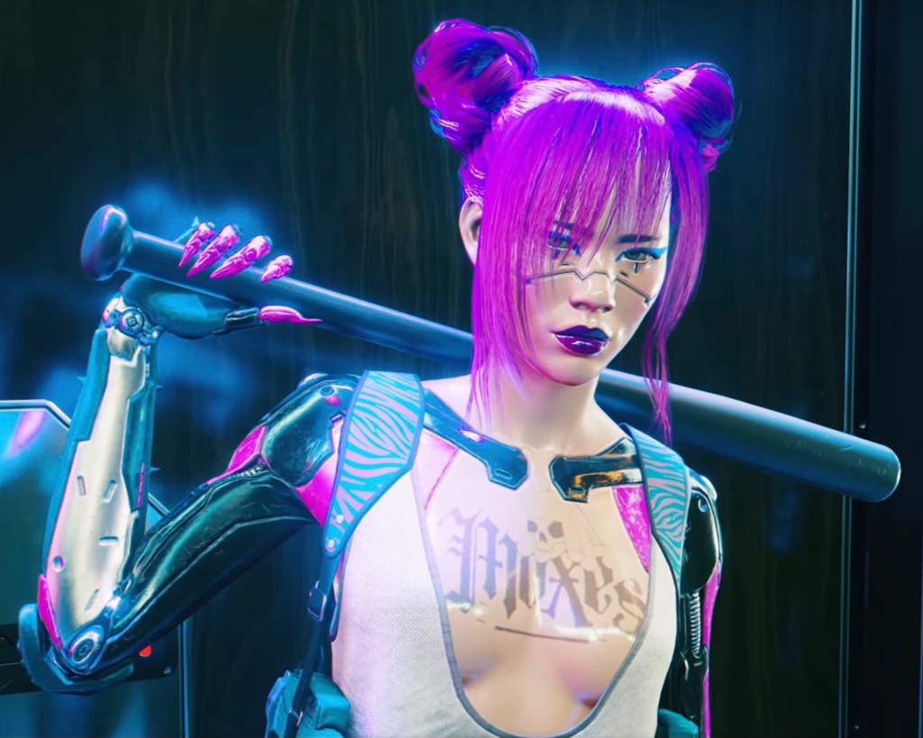 A Cyberpunk 2077 character with pink hair and a baseball bat. - Cyberpunk 2077