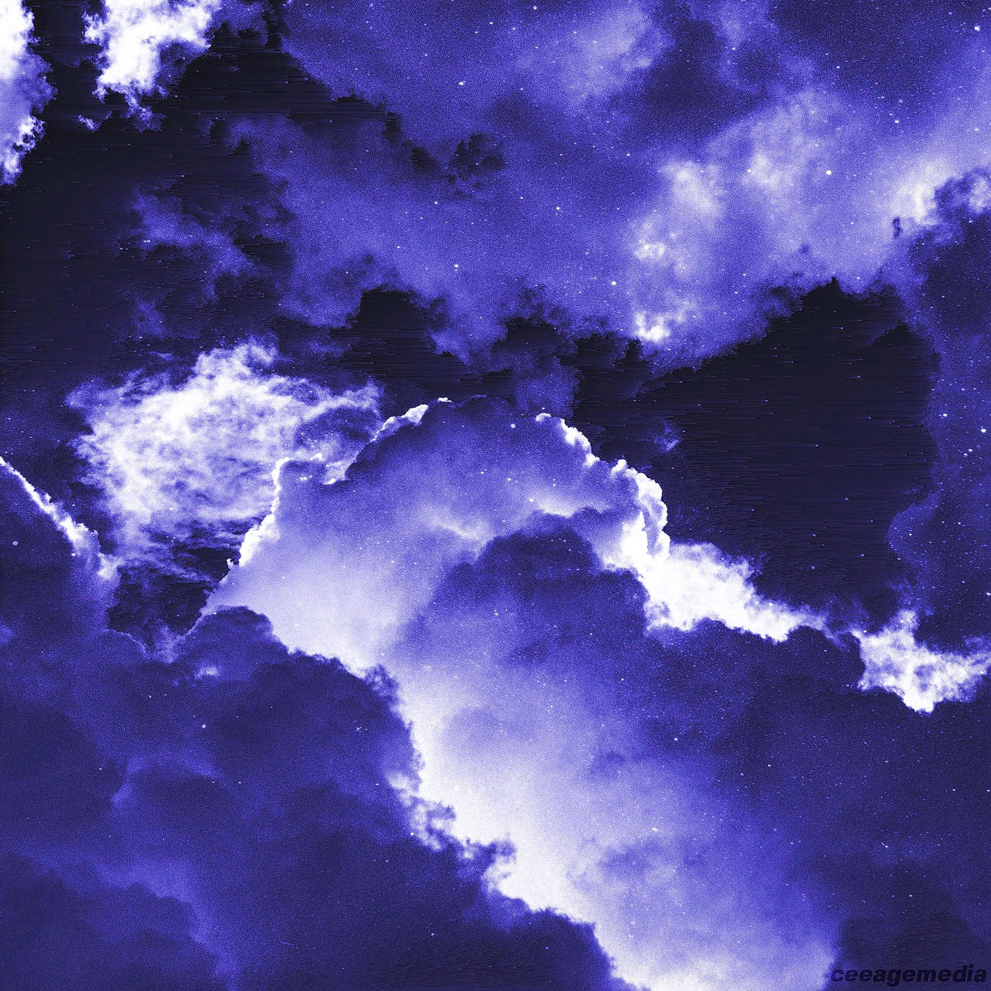 A watercolor painting of a deep blue sky with fluffy white clouds and stars. - Indigo