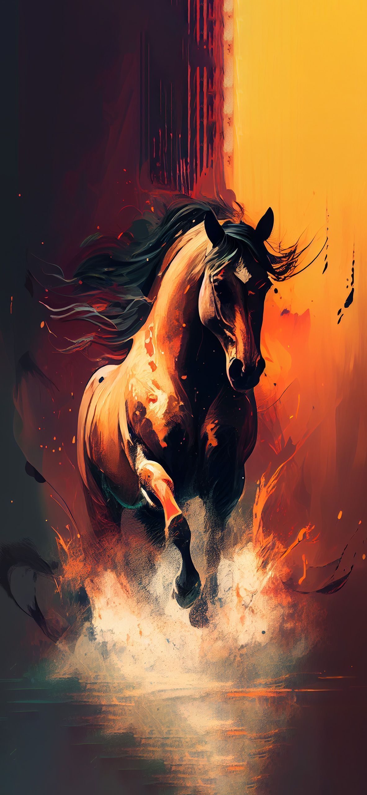 A horse runs through a fiery landscape in this digital painting. - Horse