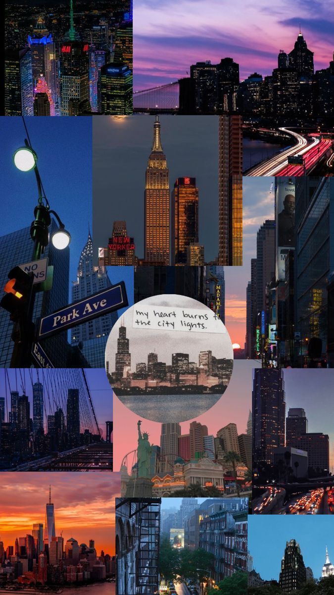 A collage of photos of the city of New York at different times of the day and night. - New York
