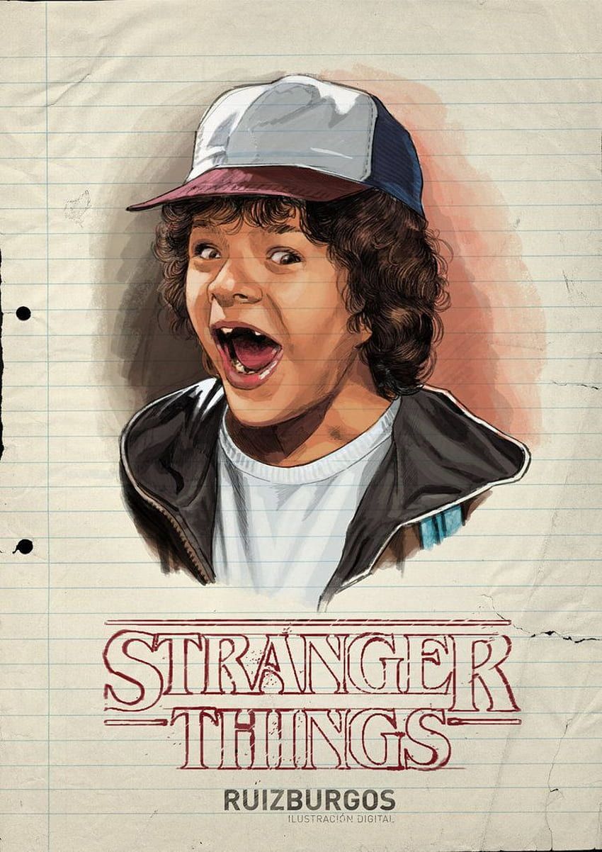 An illustration of a boy with a hat and a wide open mouth, with the words Stranger Things below him. - Stranger Things