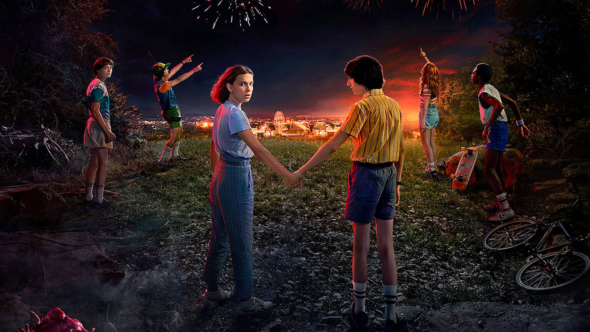 A scene from Stranger Things, where a boy and girl hold hands while looking at the night sky. - Stranger Things