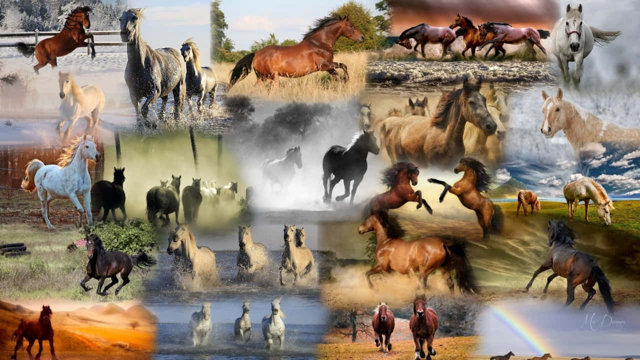 A collage of horses running, playing, and standing in different environments - Horse