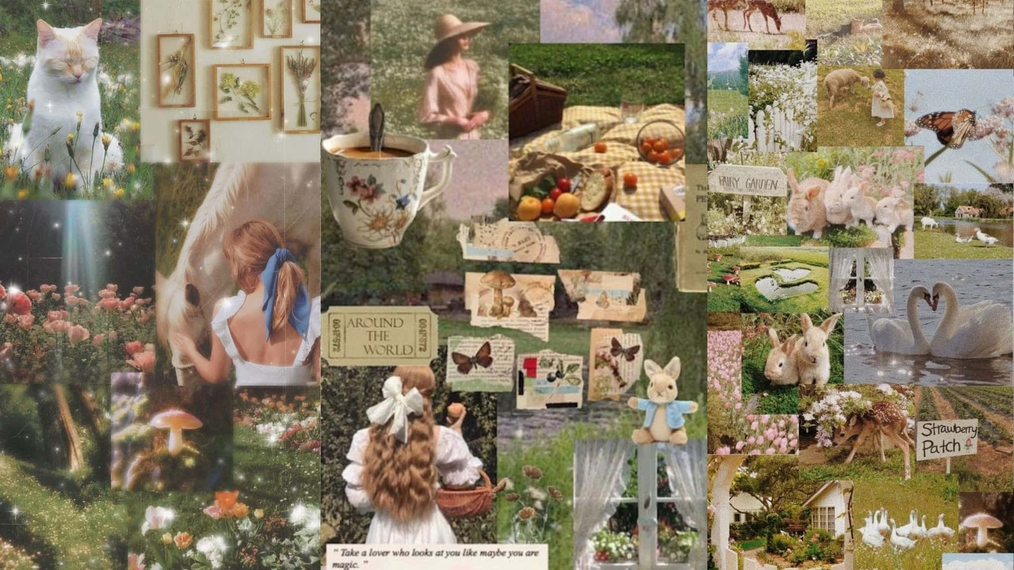 Collage of images of a girl, animals, nature, and books - Cottagecore