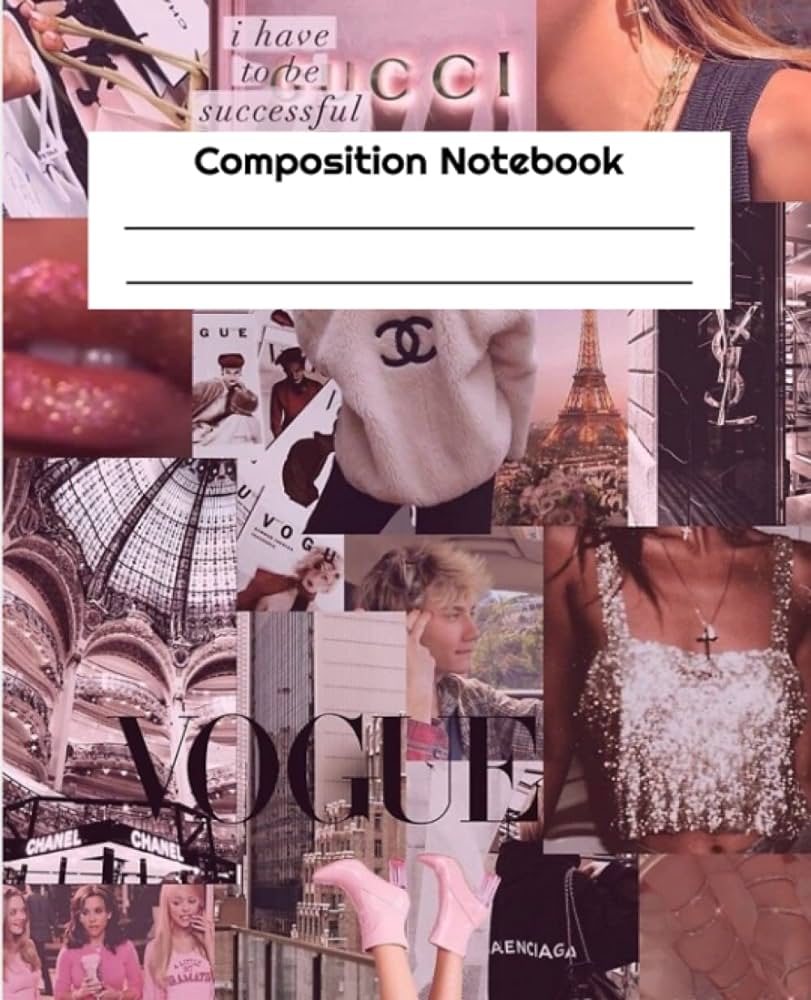 A composition notebook with a cover of a collage of images of women, the Eiffel Tower, and a Gucci bag. - Pink collage, blush