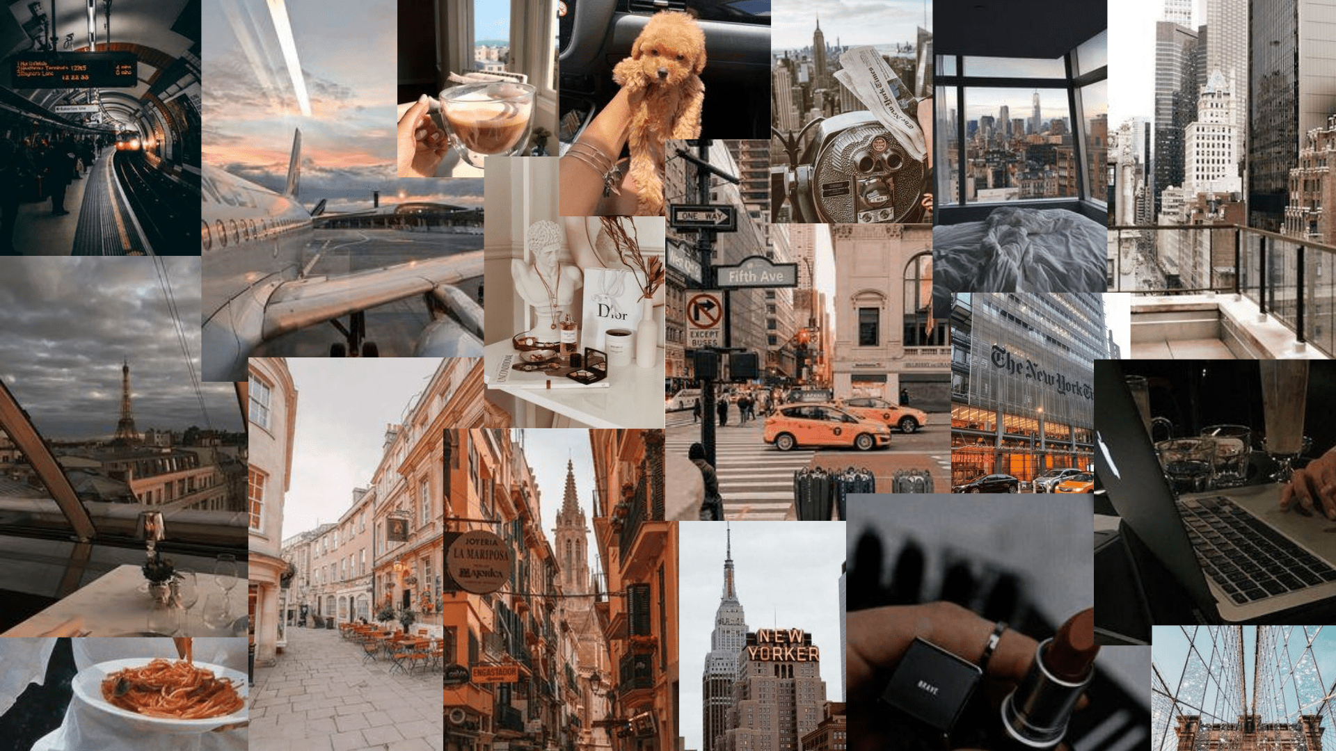 A collage of photos including New York City, coffee, and a laptop. - New York