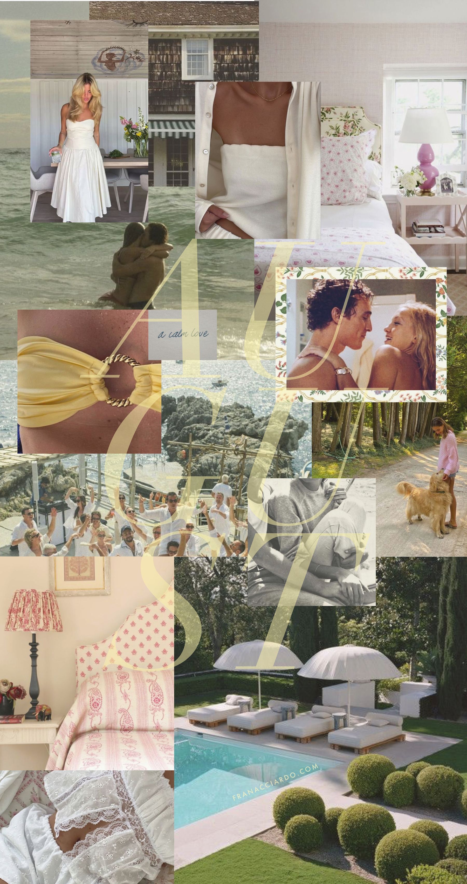 A collage of images including a bride and groom, a pool, a dog, and a garden. - Cottagecore