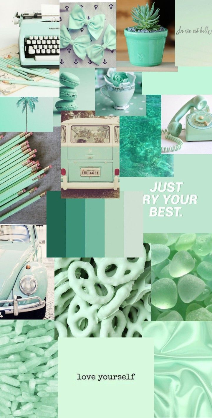 A collage of mint green images including a typewriter, plant, and ice cream. - Mint green