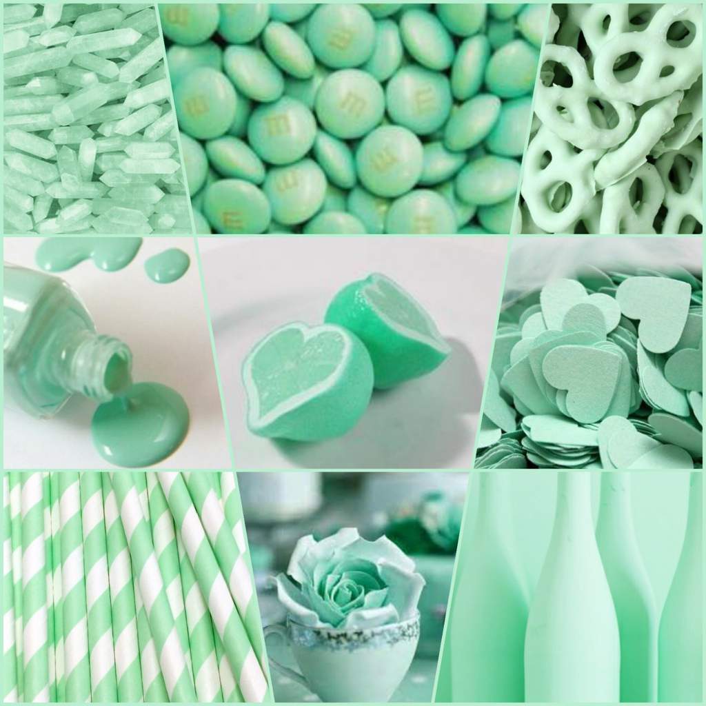 A collage of different mint green items such as sweets, straws and cups - Mint green, pastel green