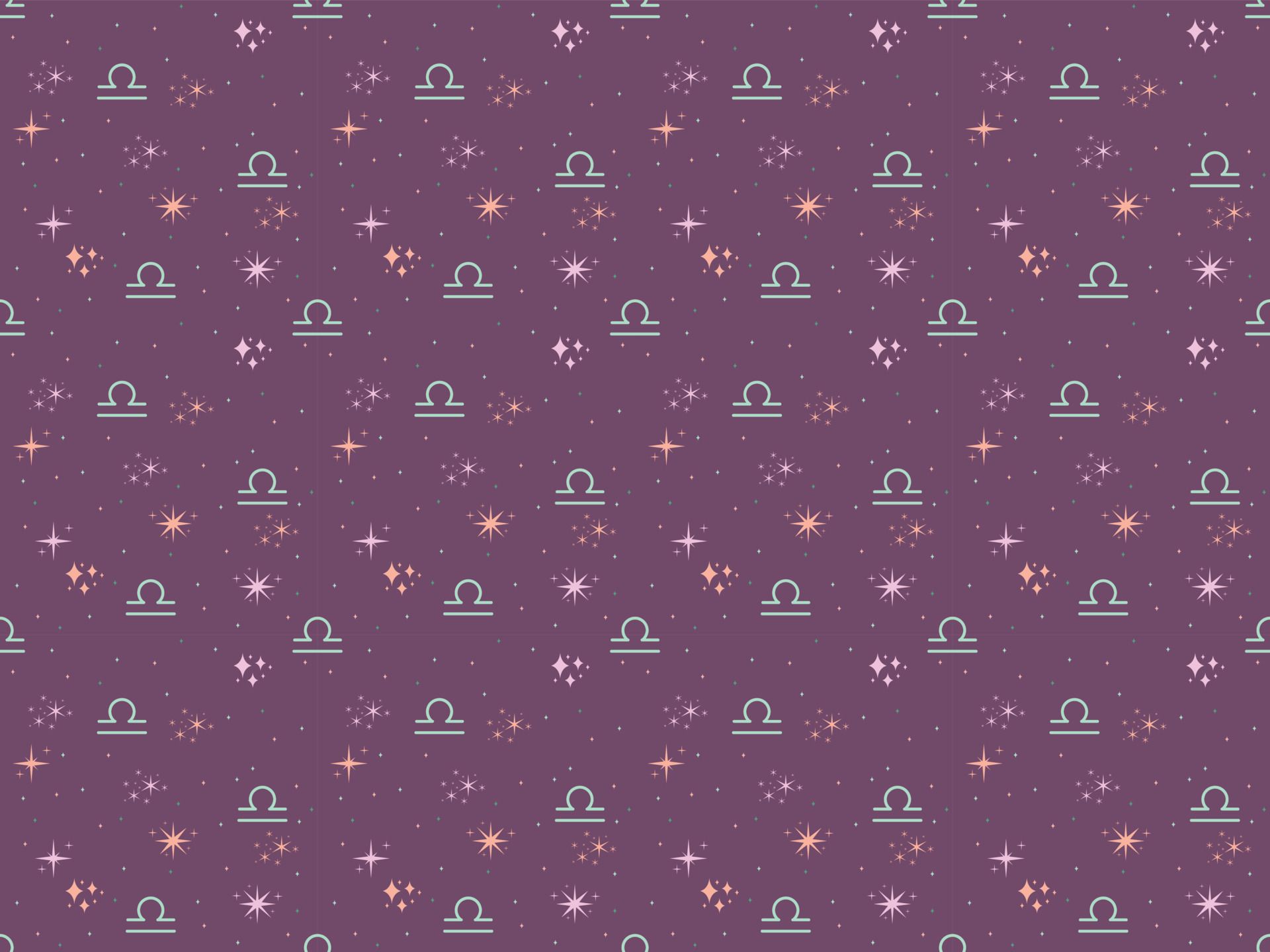 A pattern of the Libra sign and stars on a purple background - Libra